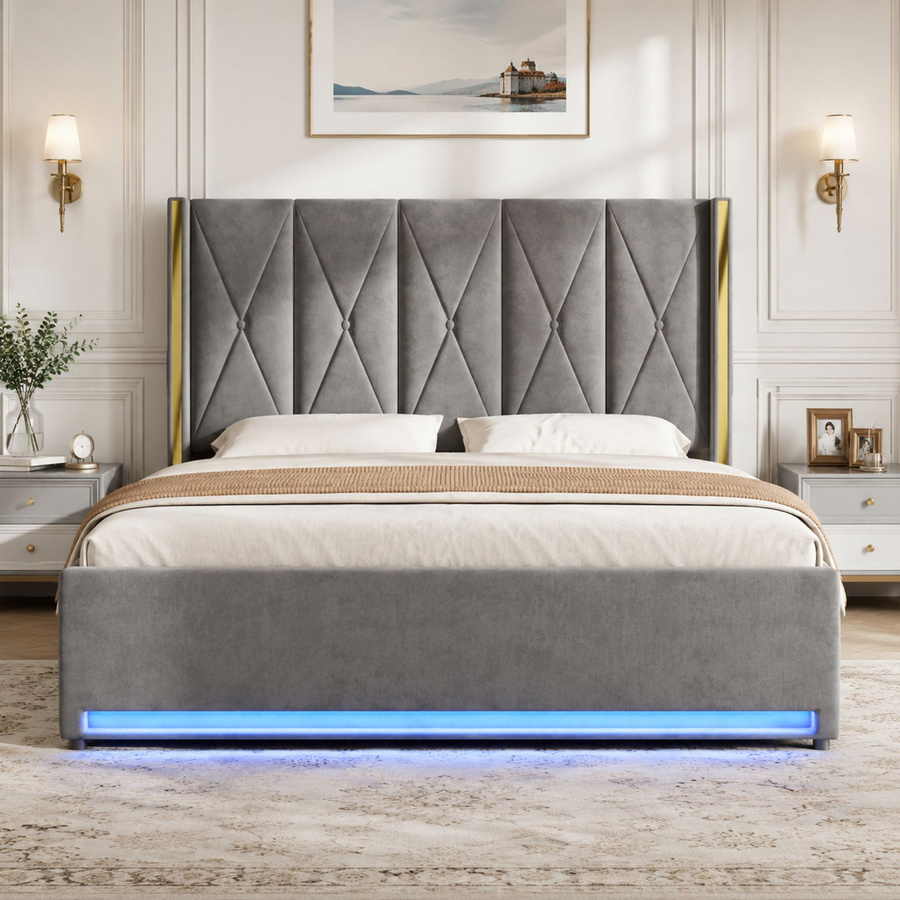 GOMYWAY Home Veloursbett mit gepolstertem Kopfteil, USB-Ladeport, Nachttischregal und Unterbettbeleuchtung, Grau, H x B x T: 141 x 190 x 213 cm - Bild 2