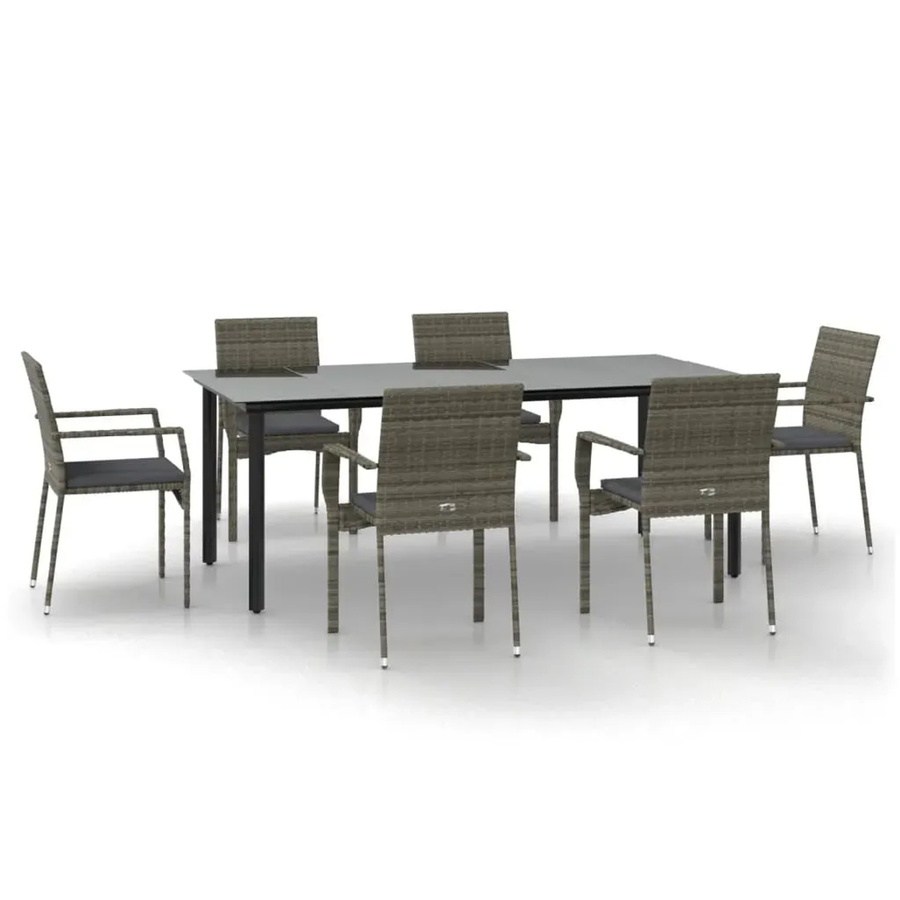 vidaXL 7-teilige Garten-Essgruppe aus Poly Rattan mit Kissen und Glastisch in Schwarz und Grau - Bild 2