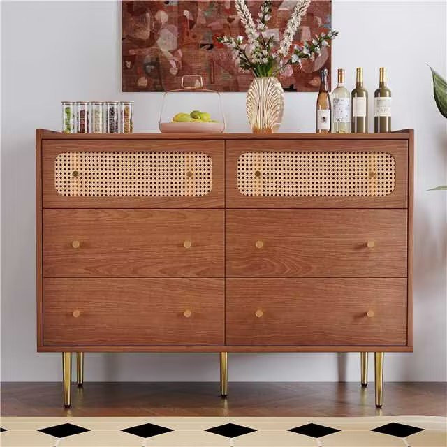 Vintage Kommode mit 6 Schubladen von Aosom in Walnut mit Rattan-Details und Metallbeinen, B/T/H: 120 x 40 x 90 cm - Bild 1