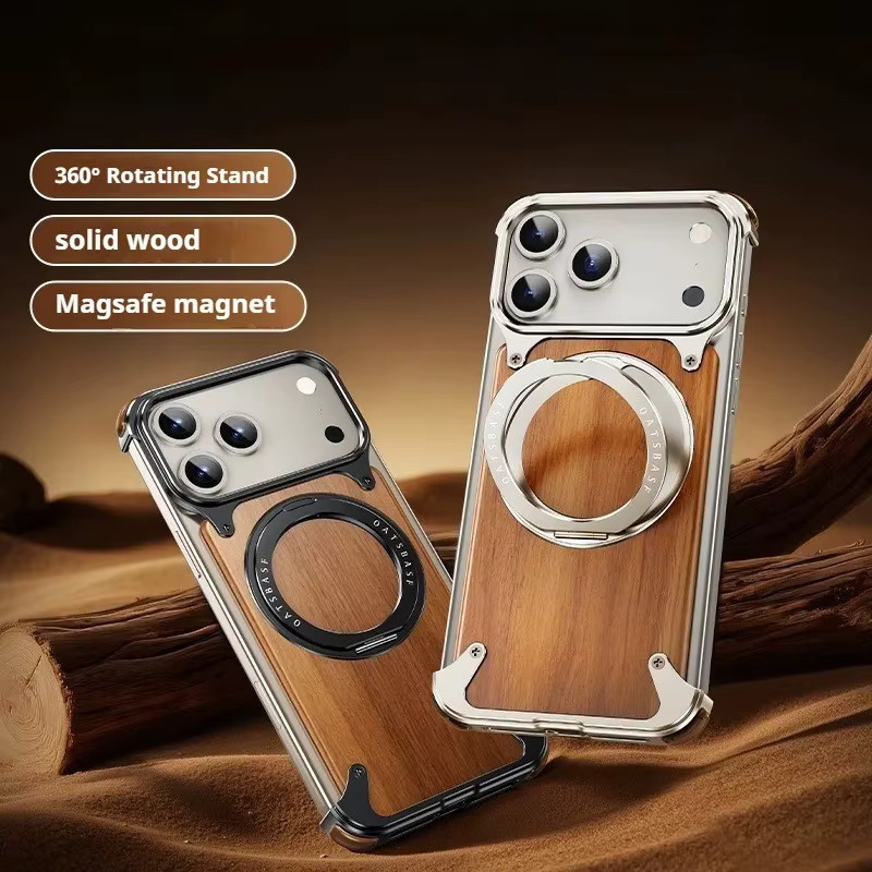 Eary Magnetische Holzhülle für iPhone 17 Pro Max Air mit 360 Grad drehbarem Ständer aus massivem Aluminiumholz in Braun und Orange - Bild 4