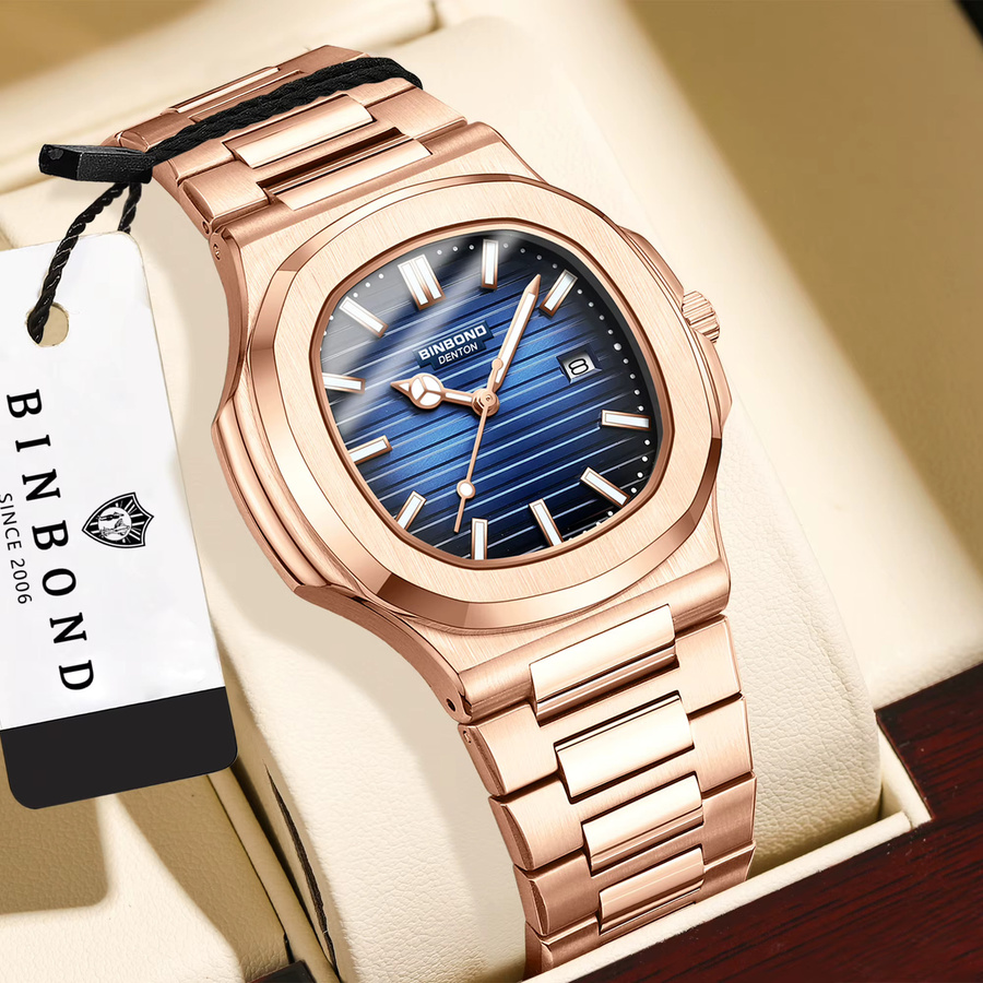 BINBOND Armbanduhr Quarz, Edelstahl, Blau, Roségold, Herren - Bild 2