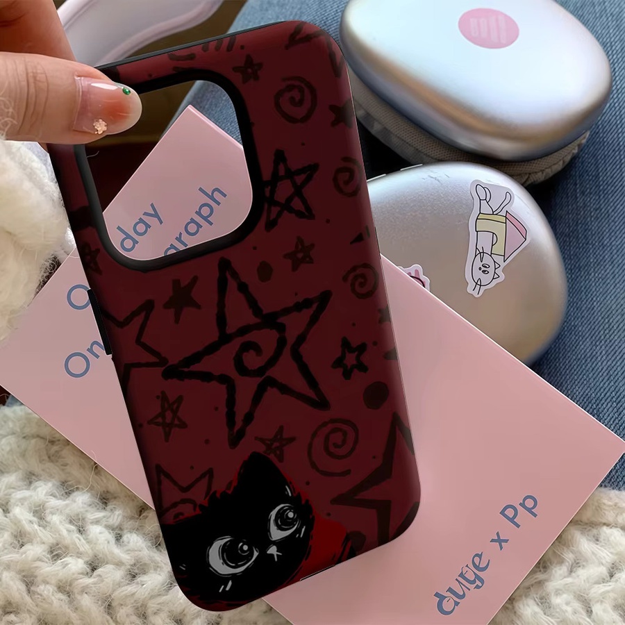 Starred Cat in Red Handyhülle für Apple iPhone 17 16 15 14 13 12 11 Pro Max Plus mit doppelschichtiger Rückseite, Rot - Bild 5