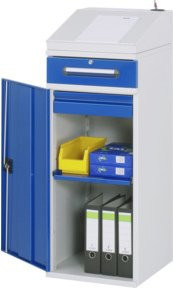 Rau Beistellschrank Stehpult Modell 03 aus Stahlblech mit Innenschubladen und Regalböden B/T/H: 45,0 x 52,0 x 111,0/122,0 cm