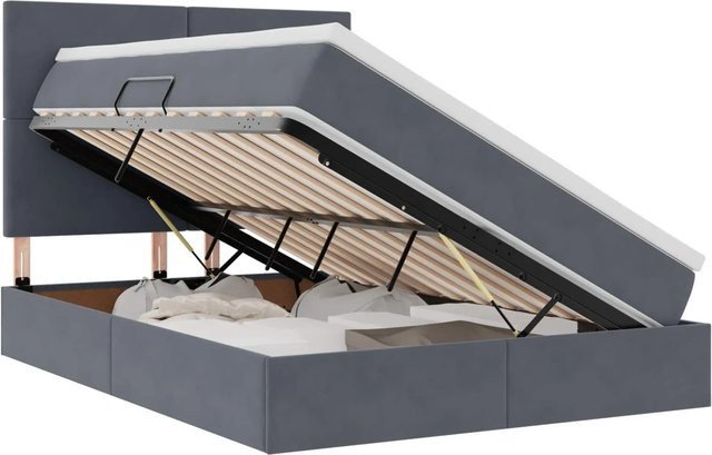 vidaXL Bett mit Stauraum und LED in Dunkelgrau aus Samt mit USB-Ladeport, B/T/H: 140 x 190 x 144 cm - Bild 1