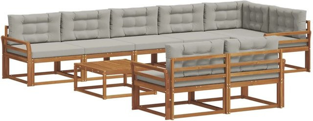 vidaXL Outdoor-Sofagarnitur 9-teilig aus Akazienholz mit Kissen in Natur und Hellgrau - Bild 1