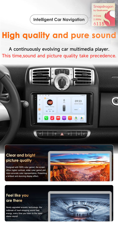 OSSURET Android 14 Autoradio für Smart fortwo 451 (2005-2010) mit 9 Zoll Display, Snapdragon 6115 Octa-Core, GPS, CarPlay, Android Auto, Bluetooth und 4G LTE in Schwarz - Bild 2