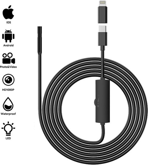 ENWOR Industrie Endoskop HD1080P mit Type-C Anschluss, Wasserdichte Inspektionskamera mit LED für iOS und Android, Schwarz, Sondendurchmesser: 8 mm / 5,5 mm - Bild 1