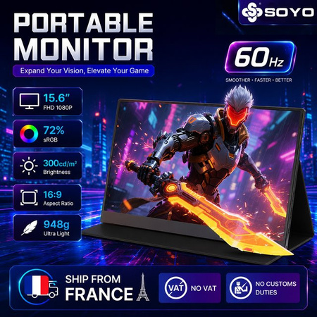 SOYO Tragbarer Monitor SY15FN60 15,6 Zoll Full HD IPS-Display Schwarz mit USB-C und HDMI für Laptop, Smartphone, Xbox und PS5