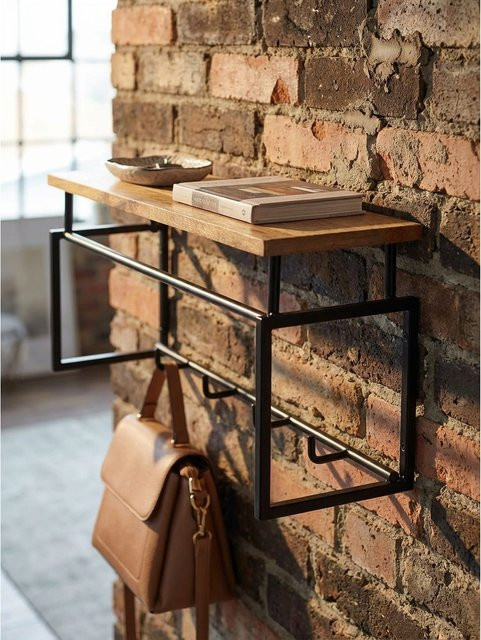 Wandgarderobe KADIMA DESIGN aus Mango Massivholz und Metall in Braun mit Ablage und Kleiderstange, B/T/H: 71 x 29 x 20 cm - Bild 1