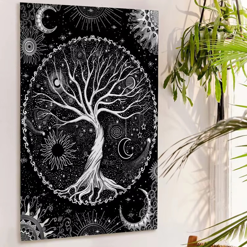 VIKAMA Baum des Lebens Wandteppich mit Sonne und Mond in Schwarz als Boho Wandbehang für dein Wohnzimmer oder Schlafzimmer - Bild 2