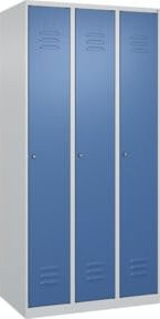 C+P Spind Classic PLUS Garderobenschrank mit 3 Abteilen, Stahl, Farbe: Lichtgrau/Fernblau, H x B x T: 185 x 90 x 50 cm, mit Zylinderschloss und 3 Garderobenhaken - Bild 1