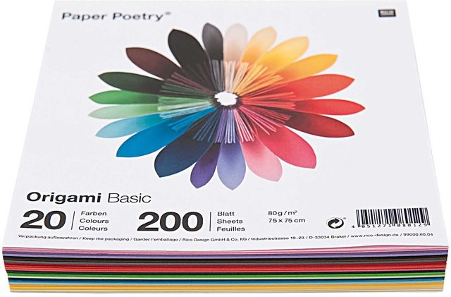 Rico Design Paper Poetry Origami Basic Bastelpapier in 20 Farben, 200 Blatt, B/B: 7,5 x 7,5 cm, Bunt - Bild 1