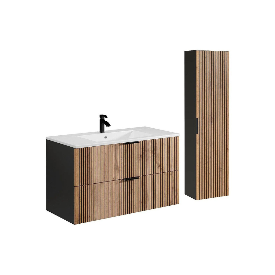 Vente-unique Badmöbel-Set Madela in Schwarz und Naturfarben mit Waschbeckenunterschrank, Einbauwaschbecken und Badhochschrank, Breite: 100 cm - Bild 2