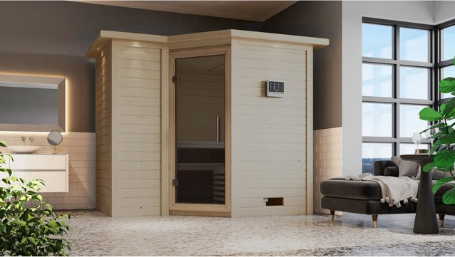 Karibu Massivholzsauna SAHIB 2 in Grau mit 9,0 kW Ofen, Steuergerät, Dachkranz und Ganzglastür, B/T/H: 236 x 184 x 212 cm - Bild 2