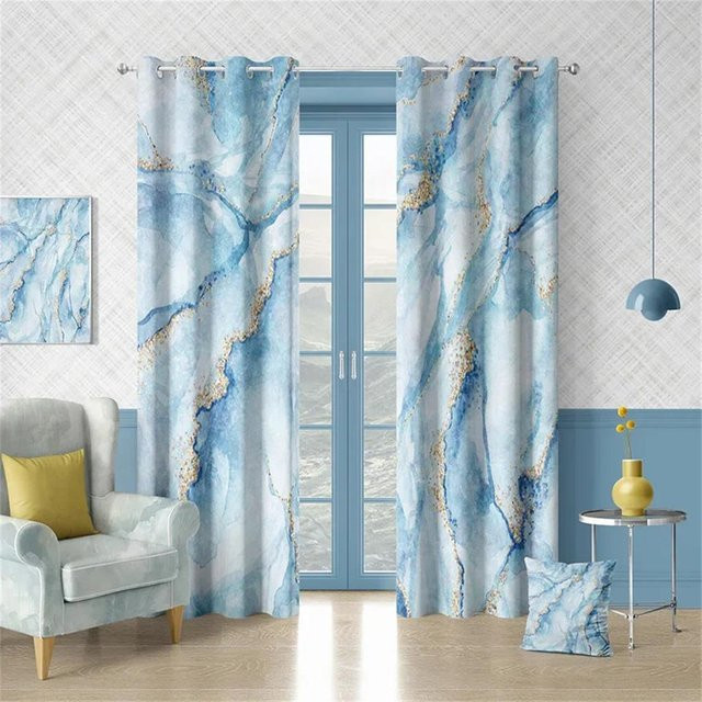 Yiran Furniture Vorhänge mit modernem abstrakten Marmor-Design in Schwarz, Gold und Blau, Set aus 2 Stück inklusive Haken, B/H: 50 x 60 cm - Bild 1