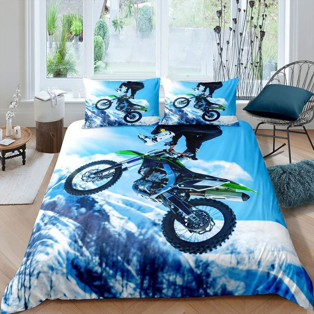 Motorrad Bettwäsche Set Your Warm Home in Blau mit Motocross Grafik, 2-teilig aus Polyester, B/H: 135 x 200 cm, Kissenbezug: 50 x 70 cm - Bild 1