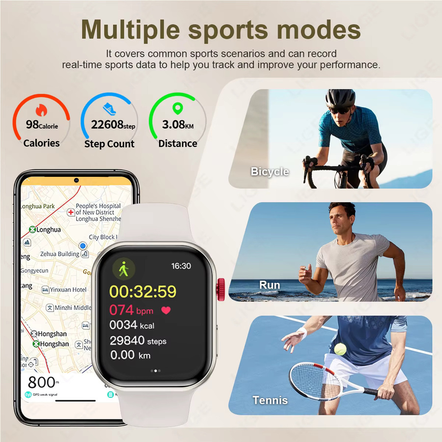 LIGE Smartwatch mit 2,01 Zoll HD-Bildschirm, Bluetooth Telefonie, Fitness Tracker für Damen und Herren, Beige - Bild 4