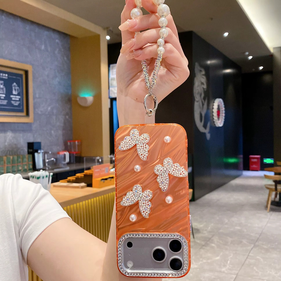 Luxus Diamant-Schmetterlings-Hülle mit Perlenarmband für Apple iPhone 17 Pro Max, 16 Pro, 15 Pro Max, 14 Pro, 13 Pro, 12 Pro in Orange - Bild 2