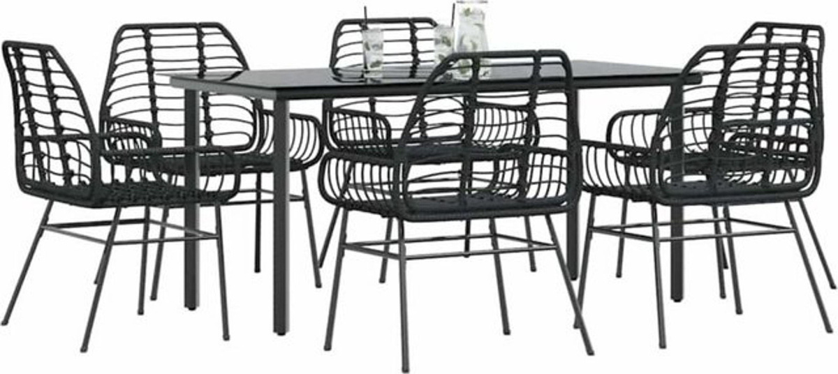 Vidaxl 7-teiliges modernes Garten-Esszimmerset aus schwarzem Polyrattan mit Glas und Metall - Bild 1