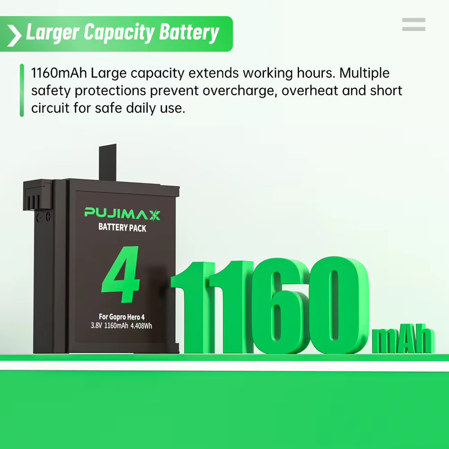 PUJIMAX Akku und Speicherladegerät Set für GoPro Hero 4 Action-Kamera, 1160mAh Lithium-Batterie, Schwarz - Bild 3