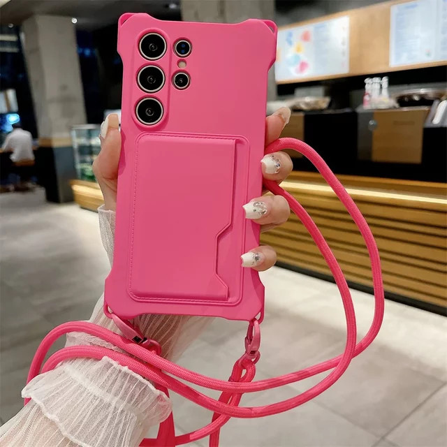 Silikon Crossbody-Hülle mit Kartenhalter und Umhängeband für Samsung Galaxy S26 S25 S24 S23 S22 A56 A55 A36 A17 A16 in Braun oder Pink - Bild 1