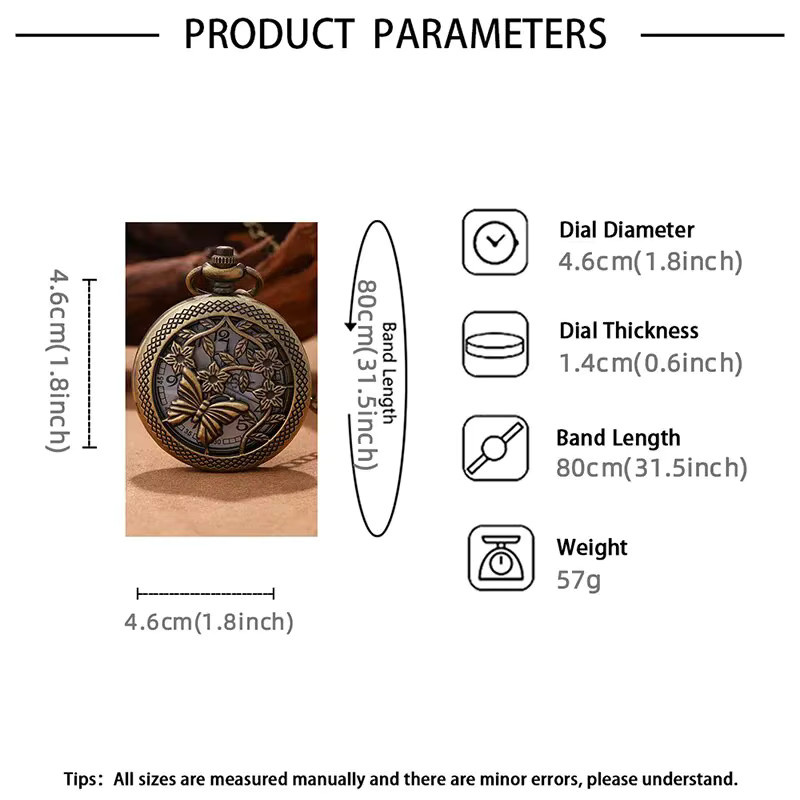 DEYROS Taschenuhr Halskette Anhänger, Schmetterling, Quarz, Bronze, Unisex - Bild 2