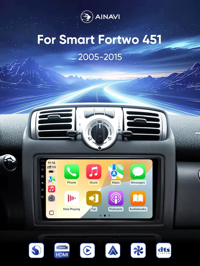 Ainavi Android Multimedia-Player für Mercedes Benz Smart Fortwo 451 (2005 - 2015) mit kabellosem Android Auto, CarPlay und 4G-Unterstützung, Schwarz, 2 Din - Bild 6