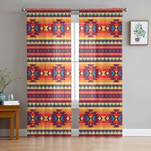 Transparente Vorhänge mit amerikanischem Stammesmuster in Braun, Tüll Voile Organza für Wohnzimmer und Küche, Breite: 135 cm, Höhe: 115 cm - Bild 1