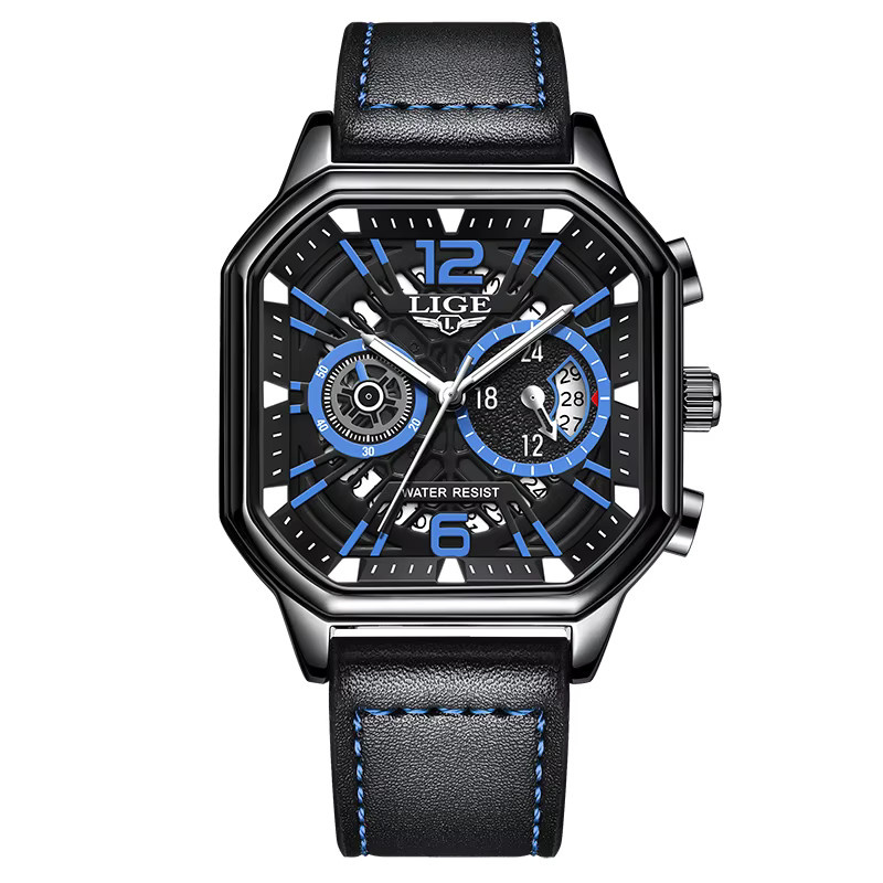 LIGE Chronograph Armbanduhr, Quarz, Leder, Black blue, Herren - Bild 6