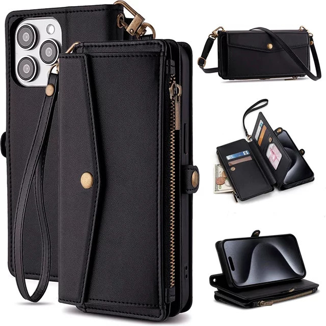 Lederne Brieftasche-Schutzhülle mit Standfunktion und Umhängetaschen-Design für iPhone Modelle in Schwarz - Bild 1