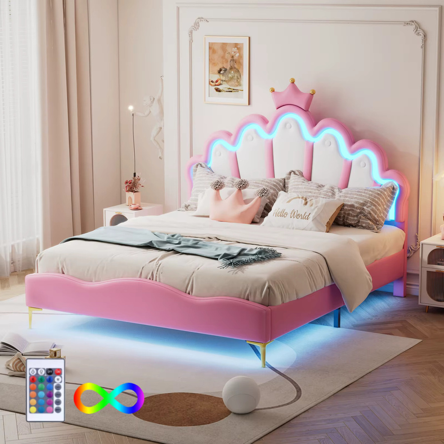 Superaly Polsterbett für Kinder in Pink mit kronenförmigem Polsterkopfteil, LED-Unterbettbeleuchtung und PU-Lederpolsterung, B/T: 140 x 200 cm - Bild 3