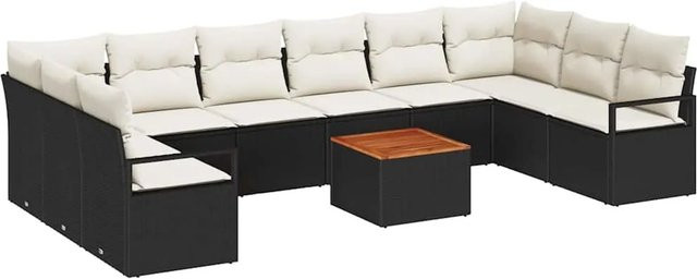 vidaXL Garten-Sofa-Set aus Poly Rattan in Schwarz mit Kissen und Tisch, 11-teiliges Lounge-Set in U-Form mit Metallgestell - Bild 1