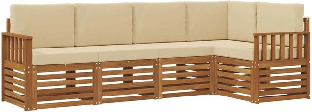 vidaXL 5-teilige Sofagarnitur L-Form aus Massivholz Akazie in Natur und Beige mit abnehmbaren Kissen - Bild 1
