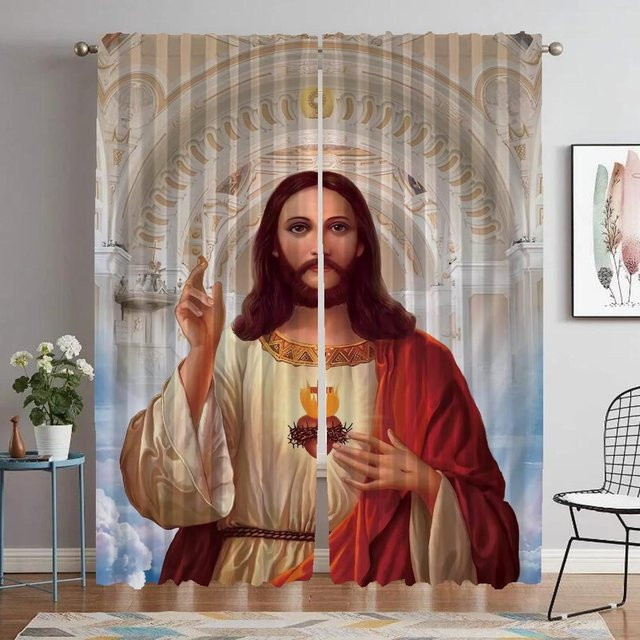 Yiran Furniture Verdunkelungsvorhänge Jesus Motiv für Küche und Wohnzimmer, 2er-Set, Mehrfarbig, Breite: 60 cm, Höhe: 90 cm - Bild 1
