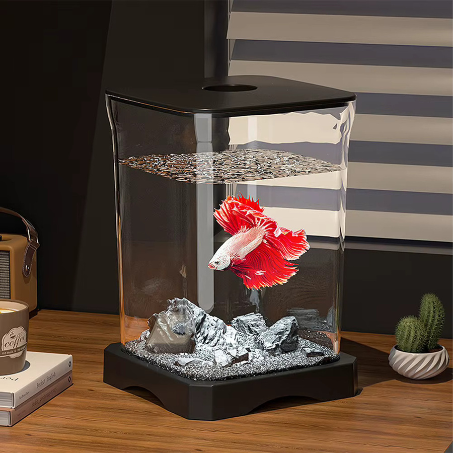 HobbyLane Aquarium Starter Kit Mini Desktop Rechteckiges Aquarium mit Licht und Futterloch für Betta in Schwarz oder Weiß - Bild 2