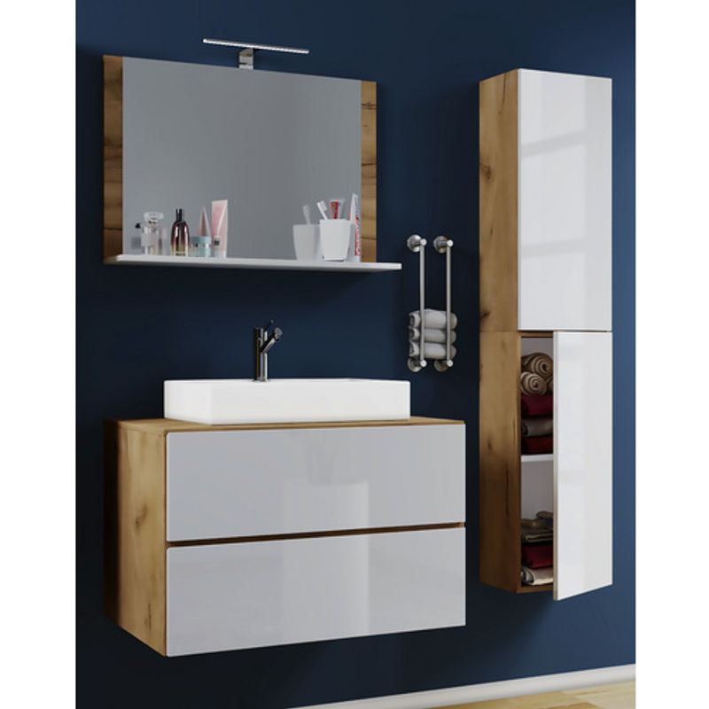 VCM Badmöbel Set Lendas 4-teilig in Beige und Weiß mit Eiche-Nachbildung, bestehend aus Unterschrank, Waschbecken und Hochschrank - Bild 2