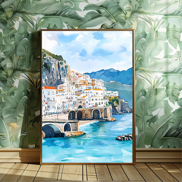 Aquarell Kunstdruck Amalfi Küste Italien als mediterrane Küstenlandschaft Wanddekoration in Mehrfarbig - Bild 1