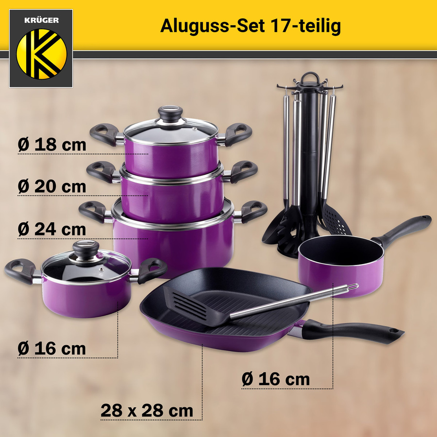 KRÜGER Aluguss-Topfset, 17-teilig, lila, Antihaftbeschichtung - Bild 2