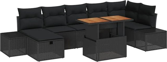 vidaXL Garten-Sofa-Set aus Poly Rattan in Schwarz, 8-teiliges L-Shape Lounge-Set mit Kissen und Staufunktion - Bild 1