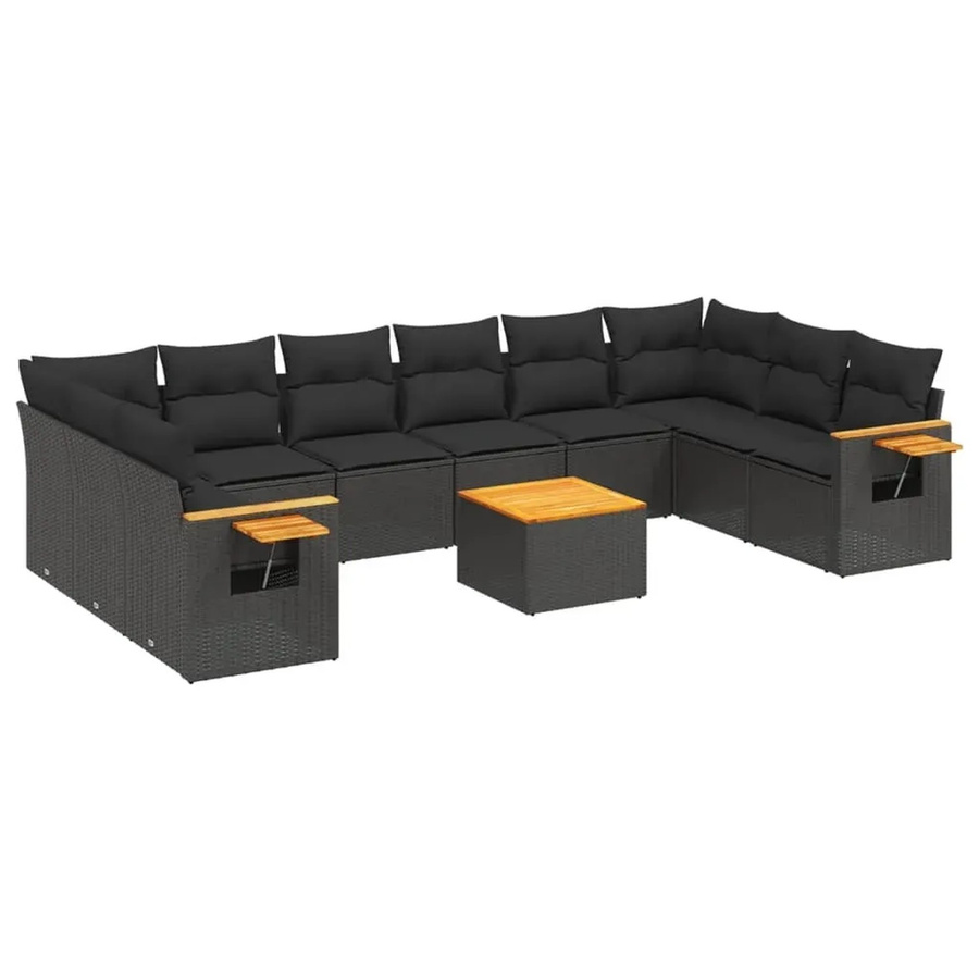 vidaXL 11-tlg Garten-Sofagarnitur aus Poly-Rattan und Akazienholz in Schwarz mit Kissen - Bild 2