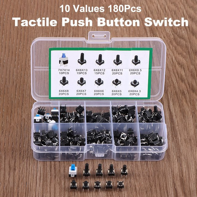 180-teiliges taktiles Drucktastenschalter-Set in Schwarz mit 6 mm und 7 mm SMD sowie THT-Momentan-Taktschaltern für DIY-Reparaturen elektronischer Komponenten - Bild 1