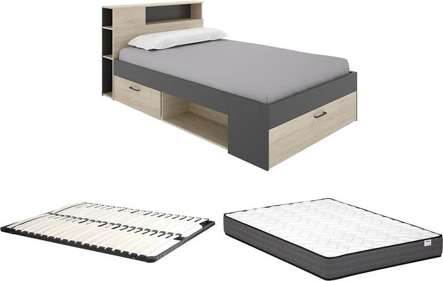 Vente-unique Bettrahmen Leandre mit Schubladen in Anthrazitgrau und Naturfarben, B/T/H: 120 x 190 x 217,3 cm - Bild 1