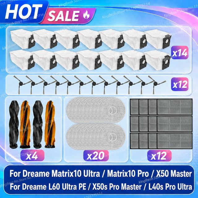 Dreame Ersatzteil-Set mit Hauptbürste, Seitenbürste, Filter, Wischmopp-Tuch und Staubbeutel passend für Dreame Matrix 10 Ultra, Matrix 10 Pro, L60 Ultra PE, X50 Master, X50s Pro Master, L40s Pro Ultra und X50s Pro Ultra - Bild 1