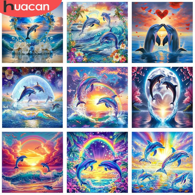HUACAN Diamant-Mosaik Set Delfin im Meer bei Sonnenuntergang, rundes Diamant-Malerei-Set mit Strasssteinen, Durchmesser: 20 cm - Bild 1