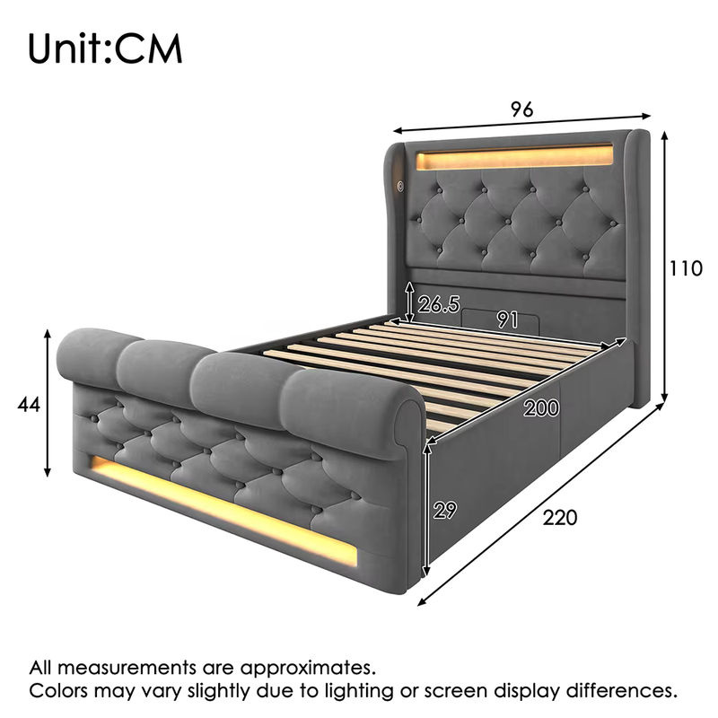 KOMHTOM Modernes Polsterbett Einzelbett in Grau mit LED-Leuchten, USB- und Typ-C-Anschlüssen und hydraulischem Stauraum, B/T/H: 90 x 200 cm - Bild 6
