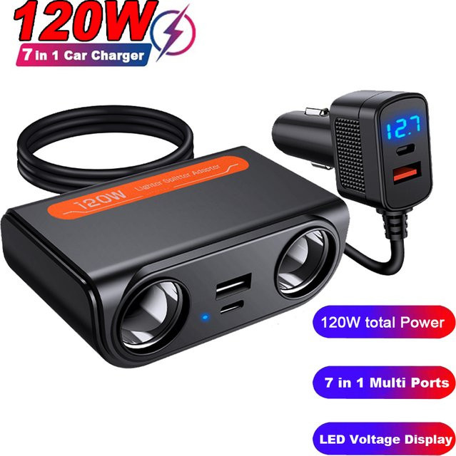7-in-1 Autoladegerät Adapter mit PD USB-C Schnellladung und LED-Voltmeter in Schwarz - Bild 1