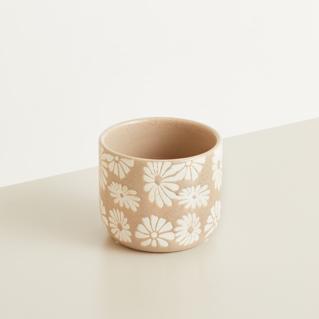 Keramik Übertopf mit Blumenmuster von BLUME2000 in Grau und Beige, Tischmodell, Höhe: 12,2 cm - Bild 1