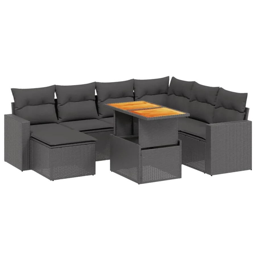 vidaXL 8-tlg Garten-Sofagarnitur in L-Form aus schwarzem PE-Rattan mit Kissen und Akazienholz - Bild 2