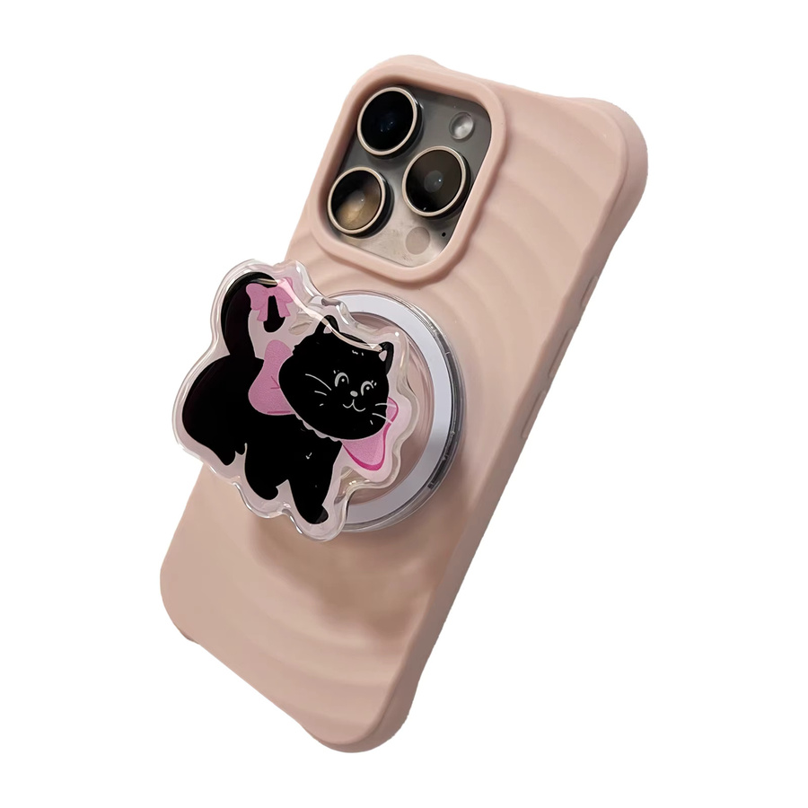 Faltbarer 360-Grad drehbarer Telefonhalter mit rosa Schleifenknoten und schwarzer Katze für iPhone 17 Pro Max und 16 Pro Max - Bild 2