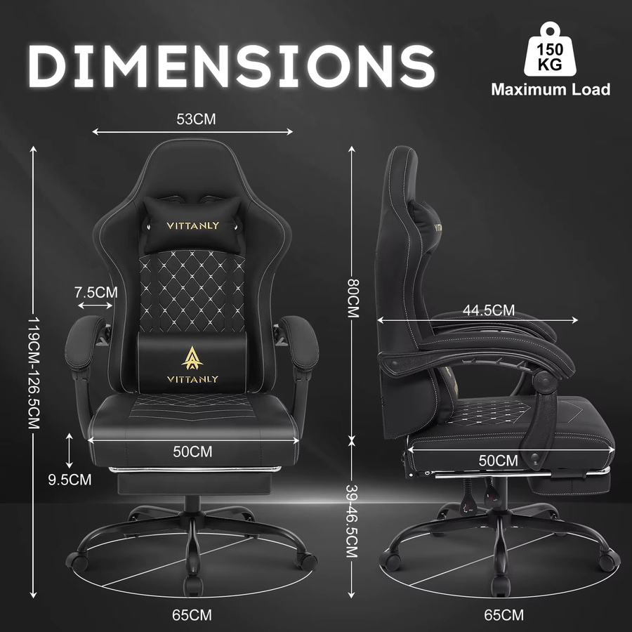 Vittanly Ergonomischer Gaming-Stuhl in Grau mit Kopfstütze, Lendenkissen und Fußstütze, höhenverstellbarer und drehbarer Bürostuhl aus Kunstleder - Bild 2